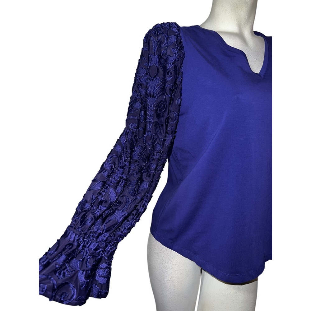 Chicos Royal Purple V-Neck Top Sheer Embroidered Mesh Long Sleeve Size (2) Large - Picture 3 of 7